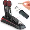 MASINGO 2 Wireless Karaoke Microphones, Integrated Bluetooth Receiver - Connects Mics and Smartphone to Any Speaker with AUX/Mic Input - Includes Singer Vocal Removal Mode + Charging Base - A12