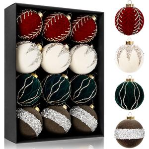 Joyido 12PCS Velvet Christmas Ornaments - Christmas Balls Ornaments - 80mm Glitter Christmas Tree Decoration with a Delicate Gift Box for Christmas, Parties, Decorations(Burgundy Beige Green Brown) (Mixed Color)