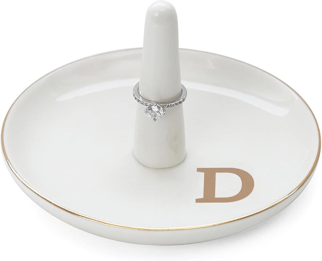 HOME SMILE Initials Ring Holder Jewery Tray with personalized D-Monogrammed Engagement Gifts for Friends,Birthday Mother's Day Christmas Gifts for Women,Ceramic White