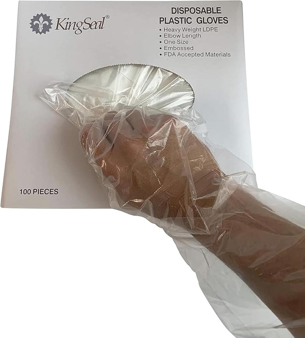 KingSeal Poly Elbow Length Disposable Gloves, 21 inch Length, Embossed, OSFM (100 Count (Pack of 1))