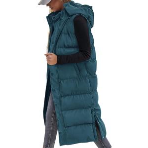 BTFBM Long Puffer Vest Women Quilted Hooded Button Down Zip Up Sleeveless Vests Outerwear Padded Jacket Fall Winter Coat (Large, Grey Blue)