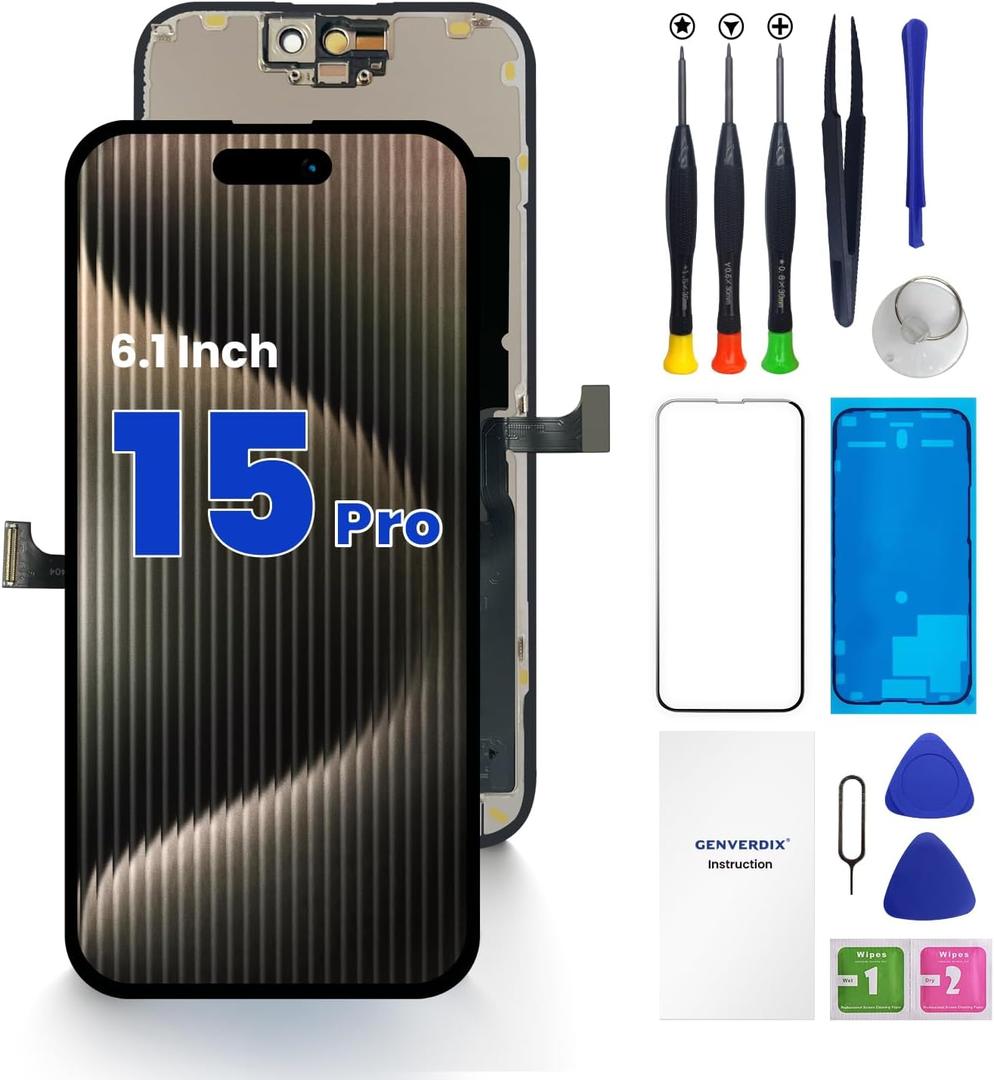 for iPhone 15 PRO Screen Replacement, 6.1 inch 3D Touch LCD Display Full HD Repair kit, Digitizer Assembly with Tools Set, Tempered Glass, Waterproof Frame Adhesive