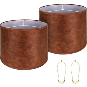 Large Lampshades Set of 2 Drum Lamp Shades 15" Top X 15" Bottom X 12" High, Large Lamp Shade Spider Fitter Cowhide Lampshades with 10" Height Come with Gold LampShade Holder 2 Easy Assembly Required
