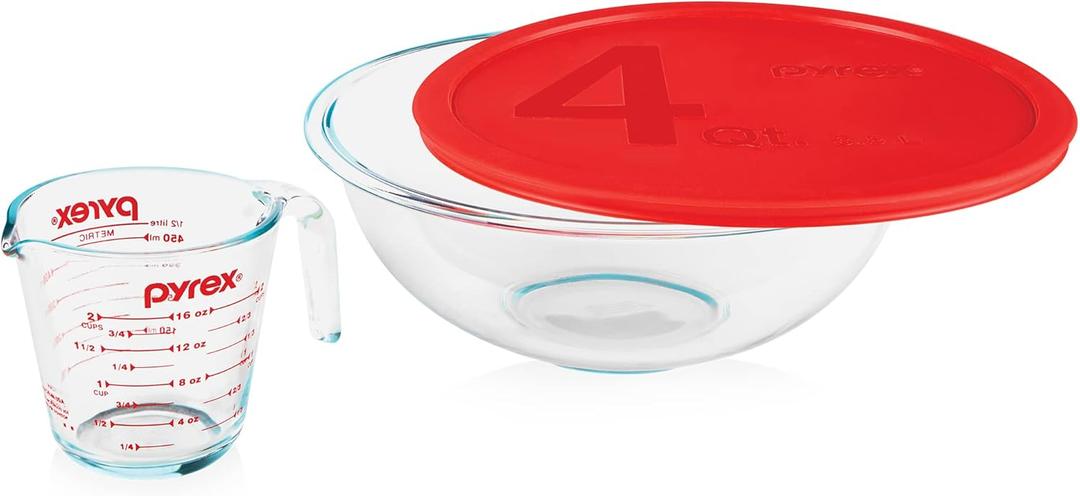 Pyrex Smart Essentials 3-Piece Glass Prep Set, 4-QT Glass Mixing Bowl with lid and 2-Cup Measuring Cup, Dishwasher, Microwave and Freezer Safe, Essential Kitchen Tools