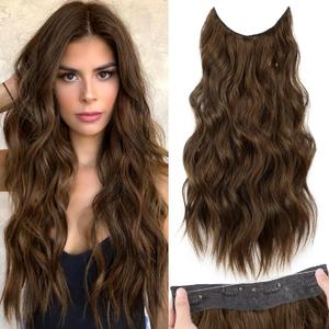 KooKaStyle Invisible Wire Hair Extensions with Transparent Wire Adjustable Size Long Wavy Synthetic Hairpiece Rich Medium Brown 20 Inch with 4 Secure Clips for Women