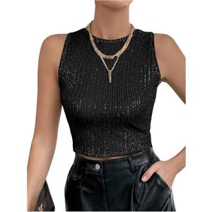 Milumia Women's Sparkly Sequin Crop Tank Top Sleveless Going Out Tops (Medium, Black)