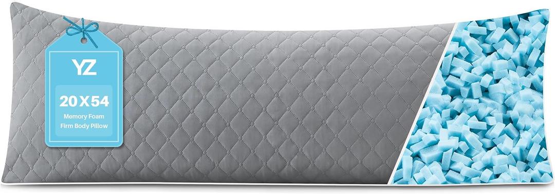 YZ HOME Long Body Pillow for Adults - Firm Body Pillow Insert with Shredded White Memory Foam, Adjustable Height, Soft Support for Side Sleeping, Pregnant Women, Washable (Grey, 20x54 Inch)