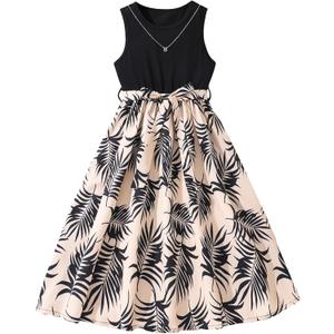Hilinker Girls Floral Sleeveless Pleated Dress Summer Tie Knot Tank Dresses with Belt (13-14 Years, Black Leaf)