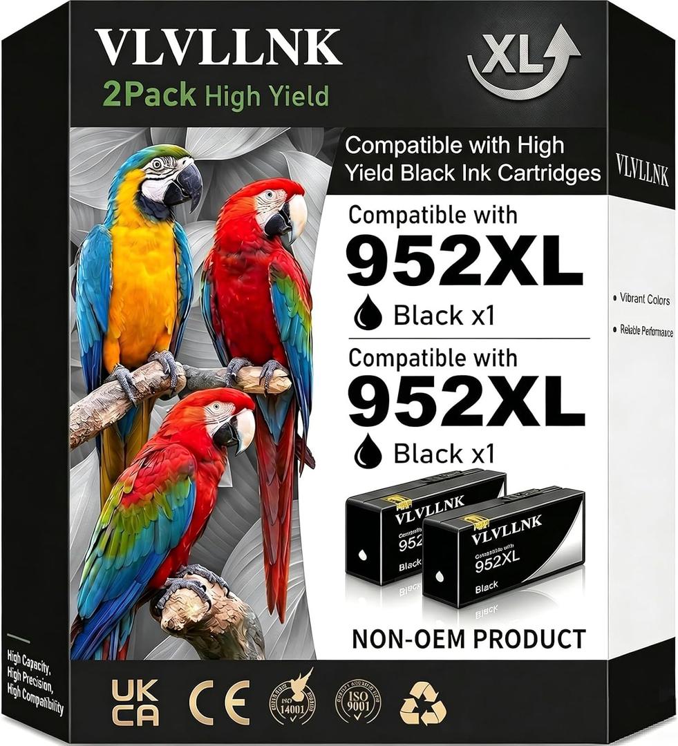 Replacement for 952XL Black Ink Cartridges Compatible for HP 952XL Ink Cartridges Combo Pack for 952 XL Work with OfficeJet Pro 8710 7740 8720 8715 8210 8703 OfficeJet 8702 (2 Black)