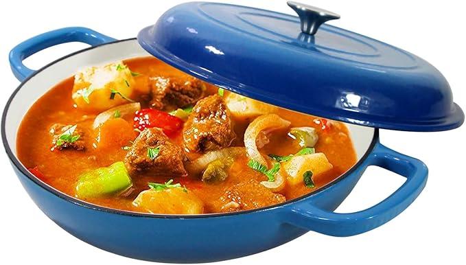 Cast Iron Casserole Braiser, 3.8 Quart Enameled Cast Iron Pan, Heavy Duty Skillet with Lid and Dual Handles, Porcelain Surface Casserole Dish, Dutch Oven Gifts for Family