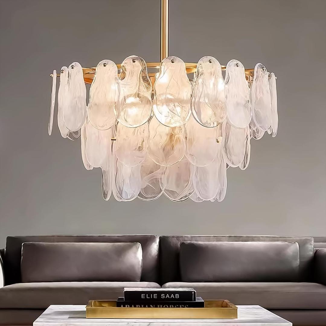 24in Gold Crystal Chandelier Modern Pendant Lighting 6-Light Round Crystal Chandeliers for Kitchen Island Cloud Glass Multi-Tier Light Fixture for Dining Room, Living Room, Kitchen