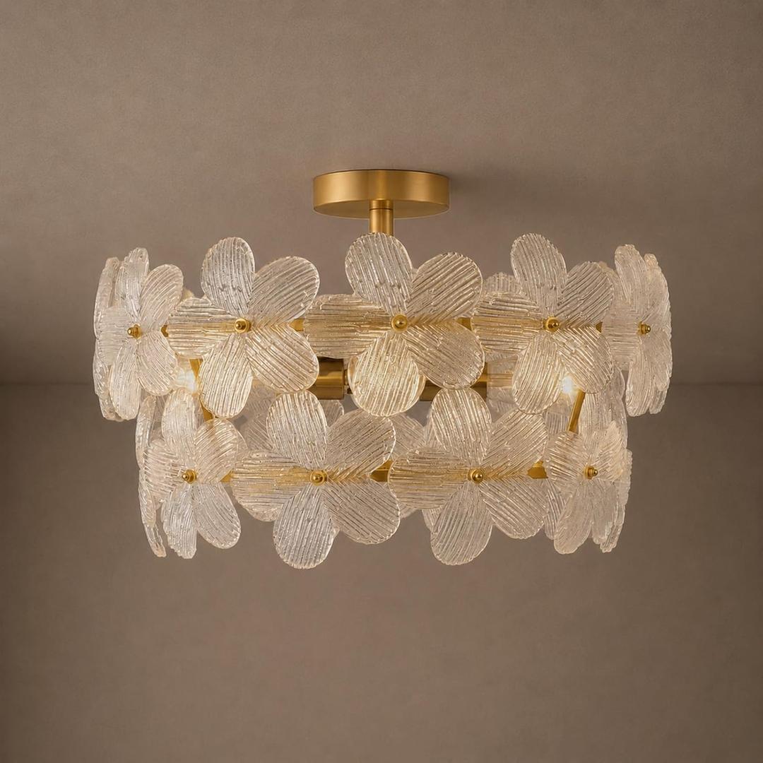 Hamilyeah 20" Gold Semi Flush Mount Ceiling Light Fixture, Modern Flower Glass Chandelier for Bedroom, Dining Room, Kitchen, Bathroom, Living Room