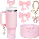 Sparkling Water Bottle Accessories Set for Stanley Cup ,2Pcs Bow Straw Cover Caps Straw Toppers,1Pcs Cute Bow and Heart Handle Charm and 1Pcs Bow Bling Silicone Boot for Stanley 30&40oz Tumbler (Pink)