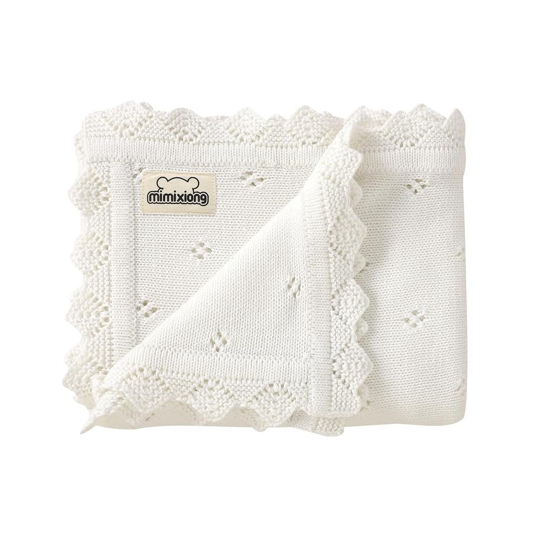 mimixiong Cotton Baby Blanket Knitted Crochet Receiving Crib Nursery Swaddling Blankets for Newborn Baby Boy Girl Off White 30x40 Inch