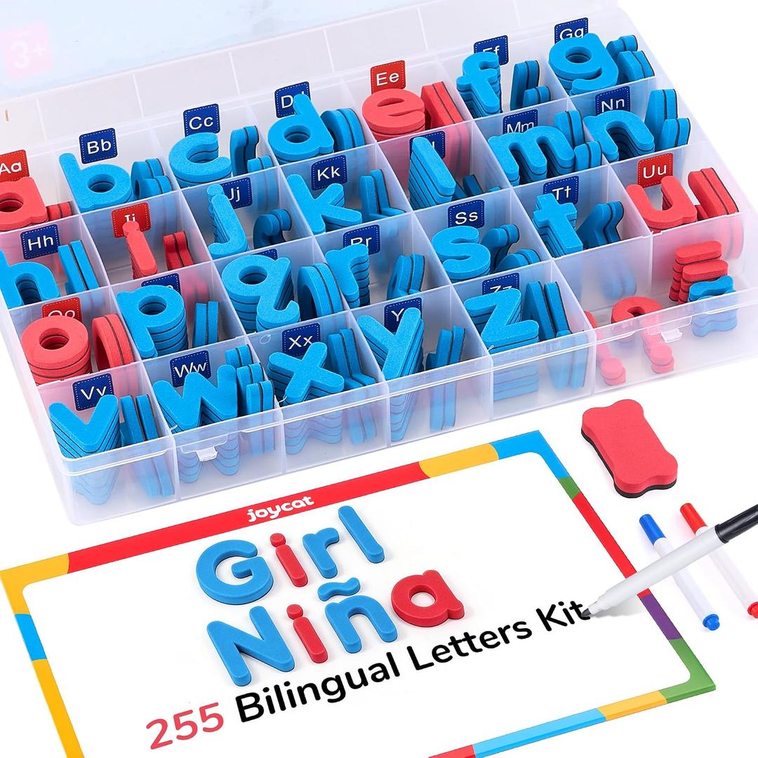 JoyCat Bilingual Magnetic Letters Kit 255 Pcs – Spanish & English Foam Alphabet Set with Double-Side Magnet Board, ABC Learning for Kids Spelling, Phonics & Language Practice, Large