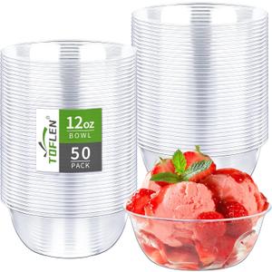 TOFLEN 12 oz Clear Plastic Bowls, 50 Pack Disposable Small Hard Plastic Serving Bowls for Party, Ice Cream, Dessert, Fruit, Appetizer, Soup, Snack, Home or Event Party Supplies