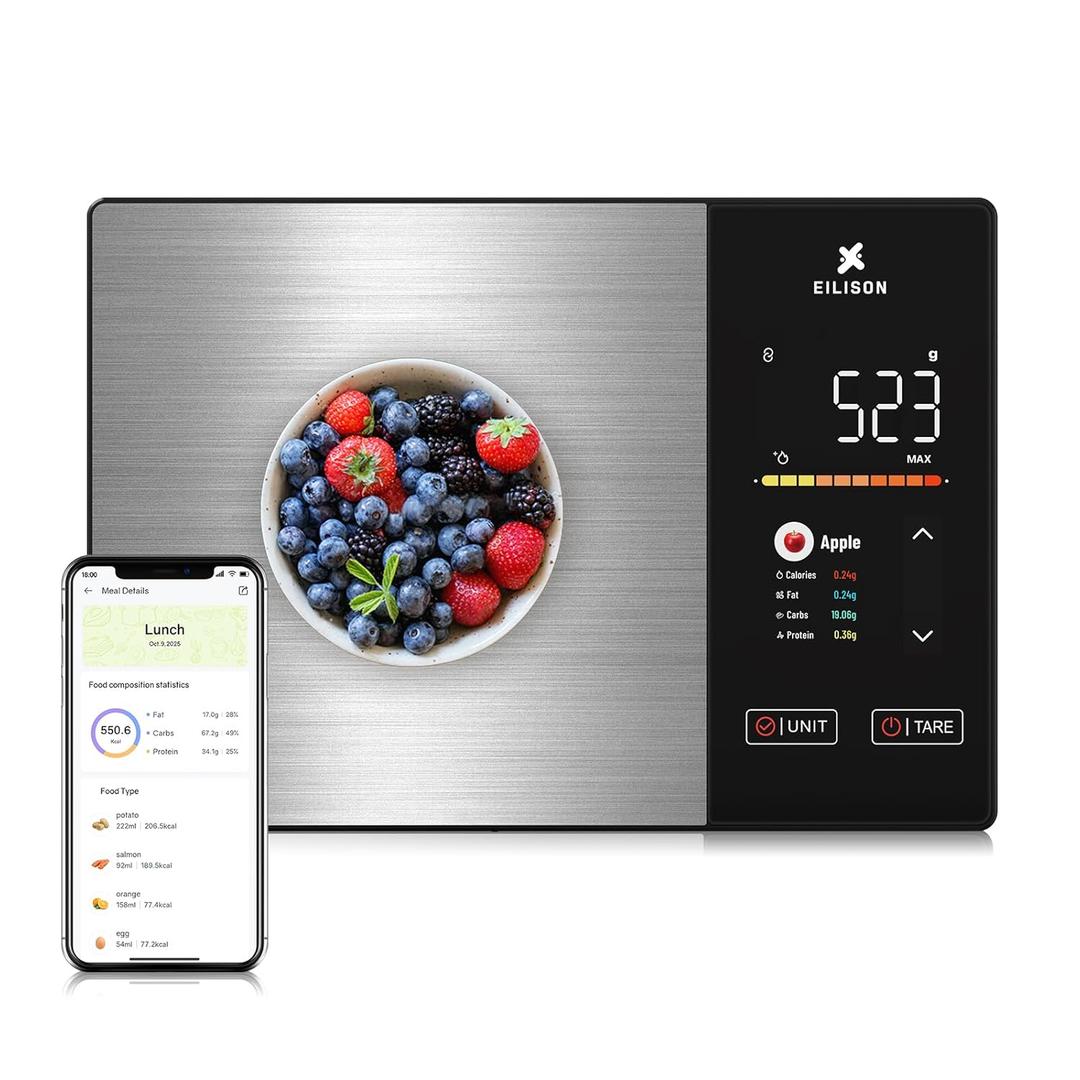 EILISON Smart Kitchen Scale with Nutrition Calculator, Digital Food Scale, Large TFT Color Display, Bluetooth App for 999+ Foods, Calorie Counter & Nutrient Analyzer, 5000g Capacity (Black)