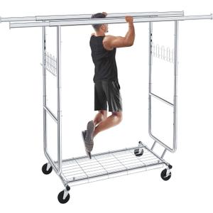 Heavy Duty Clothes Rack Load 620 LBS Metal Garment Clothing Rack Hang 300 pieces of clothing on Wheels Collapsible Rolling Portable & Adjustable Double Rod with Hook for Hanging Clothes (Silver)