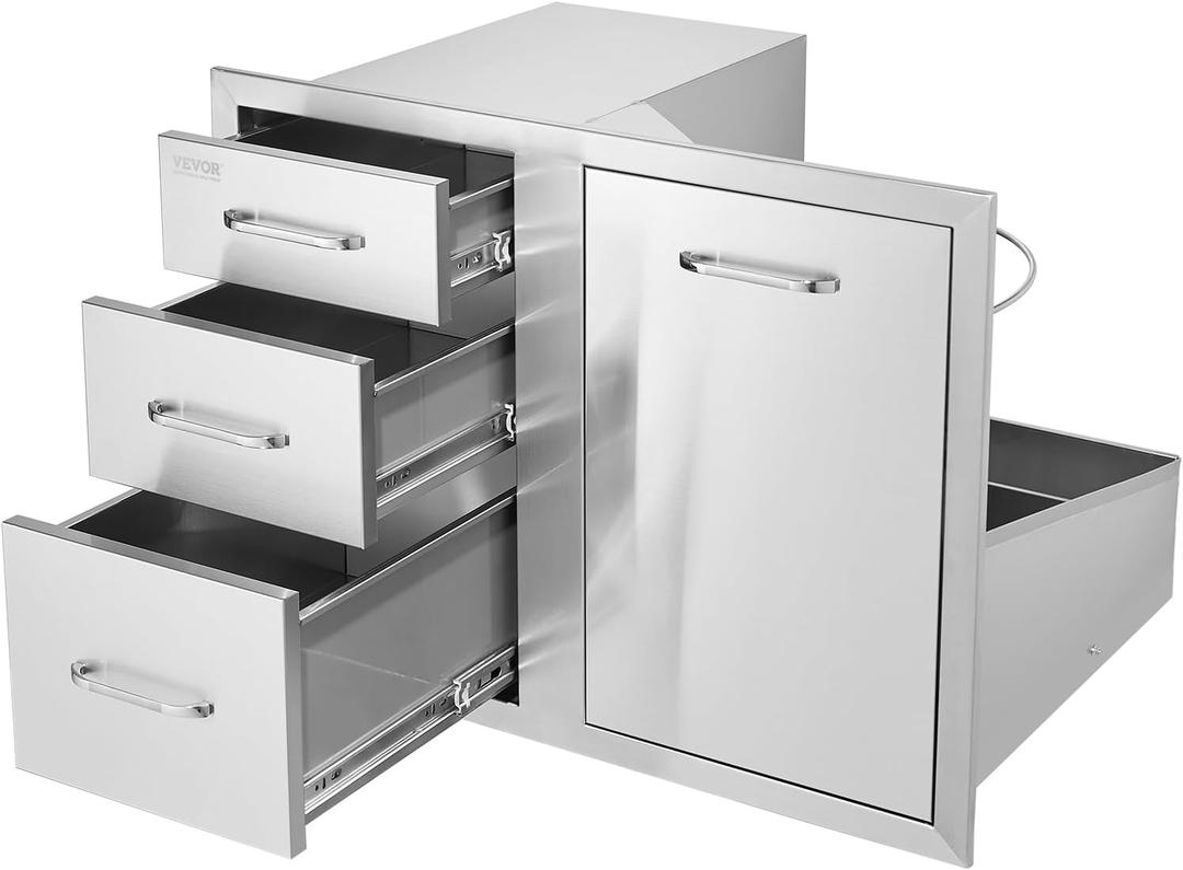 VEVOR Stainless Steel Cabinet, Outdoor Kitchen Door Drawer Combo 29.5" W x 22.6" H x 21.7" D, Access Door/Triple Drawers, Propane Drawer, Adjustable Garbage Ring, BBQ Island Patio Grill Station