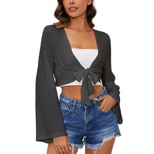 YYA Women's Lightweight Ribbed Cardigan Tie-Front Beach Cover Up with Long Sleeves for Summer Outfits Black XXL