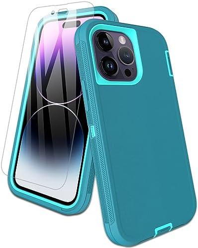 Aliruke for iPhone 14 Pro Max Case, with Screen Protector, Dust-Proof Port Cover, Full-Body Non-Slip Silicone Rubber Covered, Military Grade Drop-Proof Shockproof Phone Case, Mint/Teal