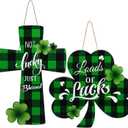 Capoda 2 Pcs St. Patrick's Day Door Decorations Saint Patrick Day Wooden Sign for Front Door Shamrock Buffalo Plaid Religious Blessing Cross Welcome Wreath for Irish Christian School Home Wall Decor
