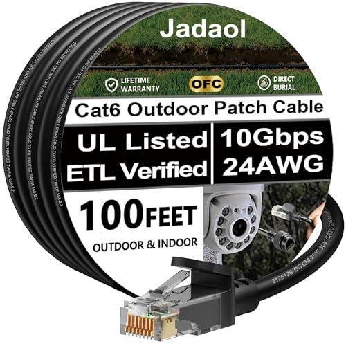 Cat 6 Outdoor Ethernet Cable 100 ft (30.48m), Support Cat8/7 Network, 10Gbps 550MHz, 24AWG Pure Copper, Direct Burial Waterproof In-Ground UV Resistant LAN Patch Cable for Router, Modem, Switch, Black