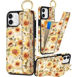 Petitian for iPhone 11 Case with Wallet - Women Girls Cute Girly Aesthetic Unique Design Leather Credit Card Holder Cardholder Stand Wristband for iPhone 11, Sunflower