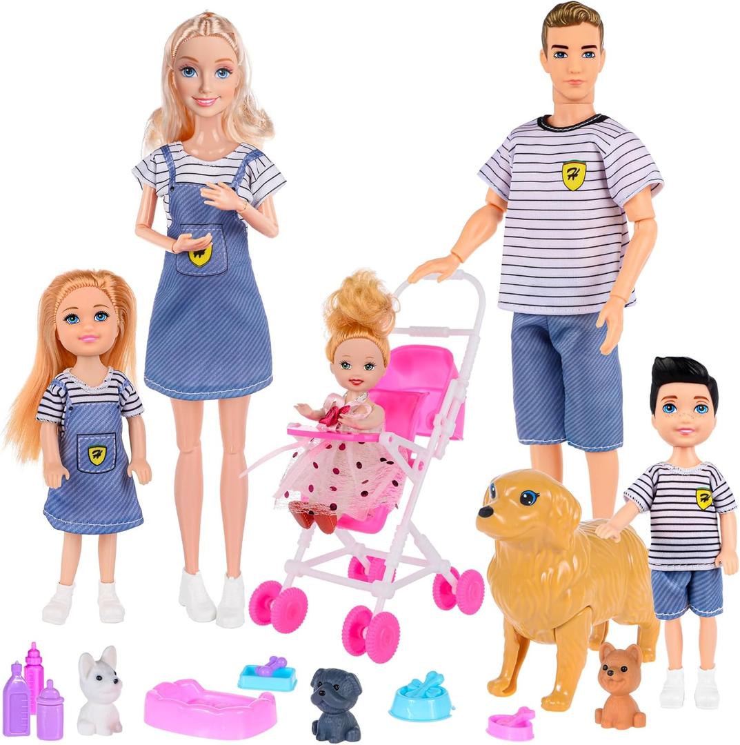 Dolls Family Playset with Baby Stroller Set- 6 People, Pets & Accessories for 3-12 Years Old | Toddler Gift with Pregnant Mom, Dad, 3 Kids, Dogs, and Interactive Play