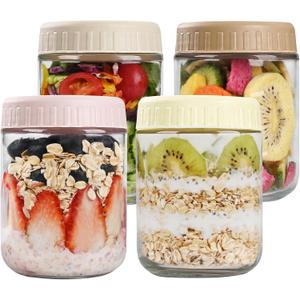 Overnight Oats Containers with Lids, 16oz Glass Jars with Lids 4 pcs, Wide Mouth Mason jars for Salad, Yogurt, Snacks, Meal Prep (Multicolor)