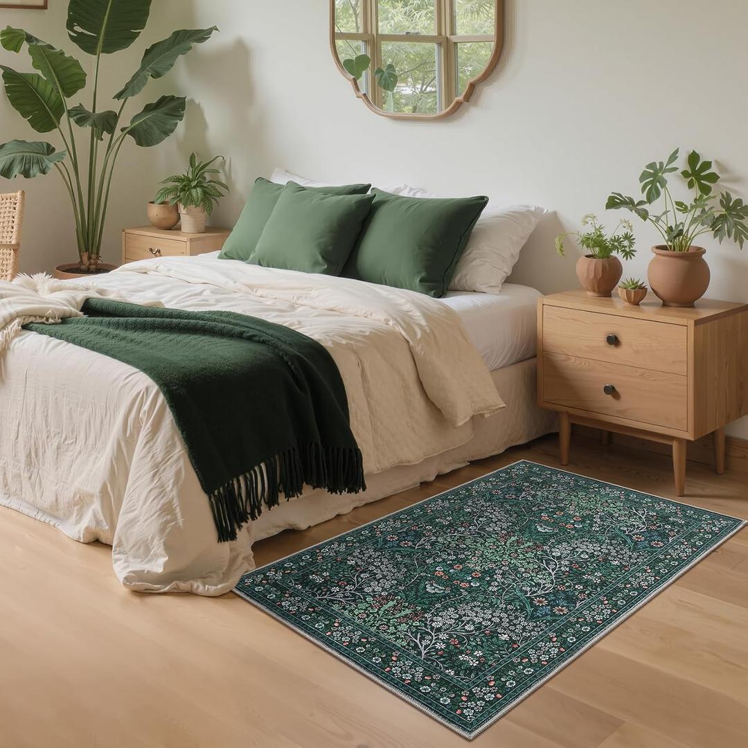GarveeHome Floral Washable 2x3 Rug Green Non Slip Boho Bathroom Rug, Soft Small Area Rug Indoor Door Mat Botanical Throw Rugs for Entryway Bedroom, Dark Green