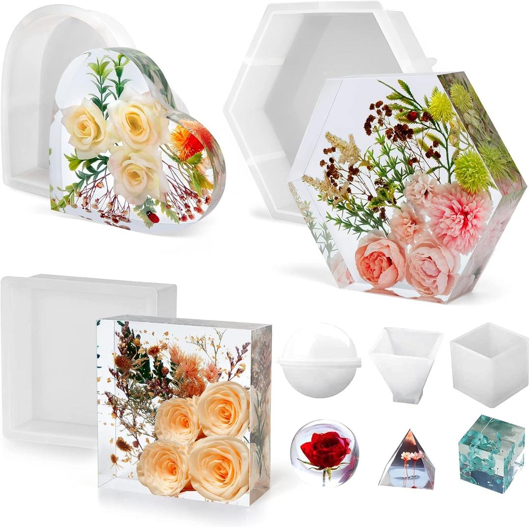 Resin Molds Silicone,Epoxy Resin Casting Craft Mold for Flower Preservation Bookends DIY Art (Hexagon+Heart+Square)