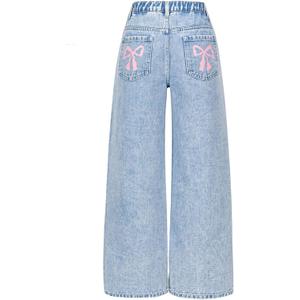 GORGLITTER Girl's Cute Bow Baggy Jeans Wide Leg High Elastic Waisted Y2k Denim Pants Casual Preppy Streetwear, 12Y