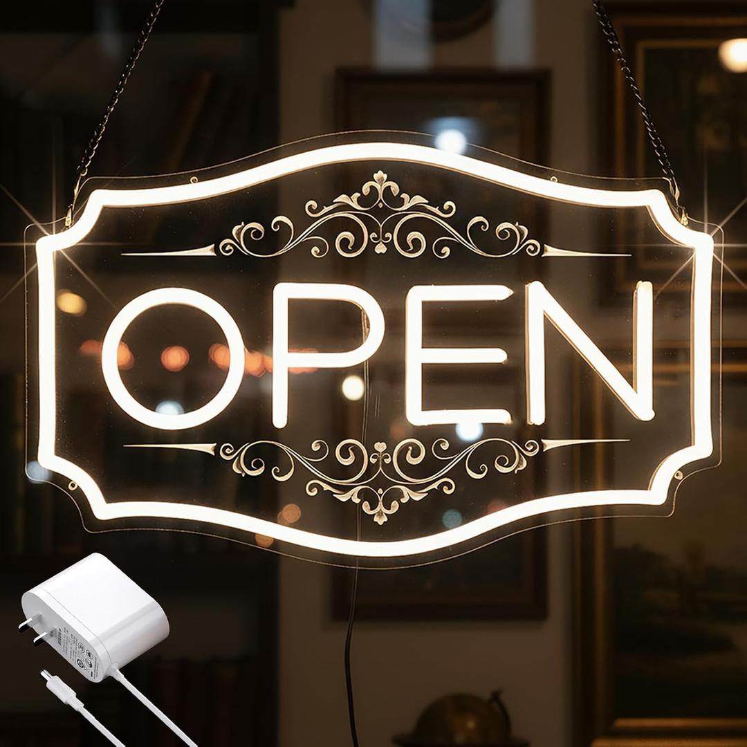 22" x 13" Open Sign for Business, LED Dimmable Neon Open Sign with 12V/2A Adapter, Warm White, Bright LED to Light Up Storefronts, Windows & Walls