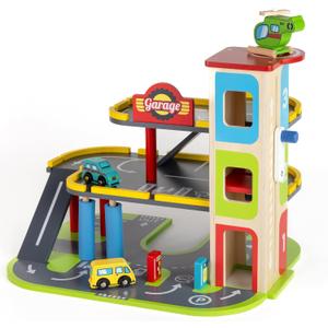 Jasey's Toy Chest Wooden Busy Wheels Garage Playset | 3-Level Wooden Garage with Elevator, Car Wash, Gas Station & Helipad + 2 Cars & 1 Helicopter | for Children Ages 3+, Child-size