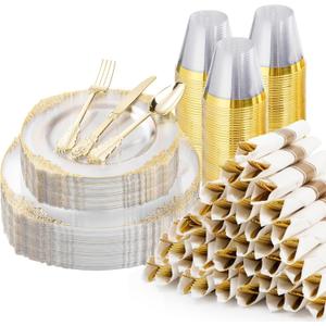 Bestluck 350PCS Clear Plastic Plates for 50 Guests, Disposable Dinnerware Sets Include 50 Gold Rim Plastic Plates, 25 Silverwares, 25 Cups, and 25 Pre Rolled Napkins for Party, Wedding and Graduation