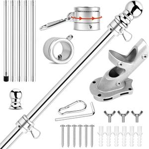 Stainless Steel Flag Pole Kit, 6Ft Thickened Flagpole Wall Flag Holder with Non Tangle Flagpole Spinners for Outside House,Two-Position Residential Wall Mount Flag Poles Accessories,Flag Stick(Silver)