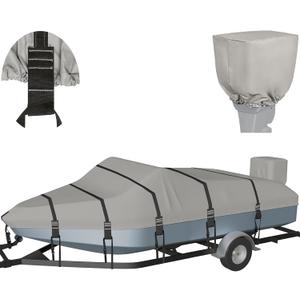1200D Solution-Dyed Waterproof Boat Cover, Heavy Duty Trailerable Bass, Runabout, V-Hull, Tri-Hull Pro-Style Fishing Boat Cover with Motor Cover 14'-16'