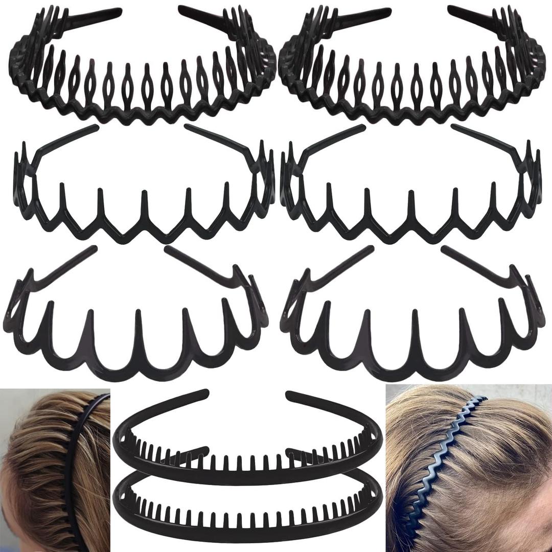 8 PCS Fashion No Slip Effortless Plastic Headbands with Teeth Comb Black Skinny Hair Accessories Bands for Women Men Teen Girls, Matte Black