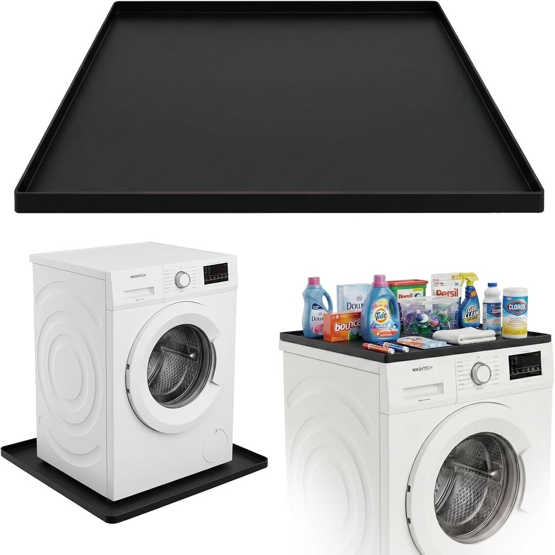 27x27 Inch Silicone Washing Machine Drain Pan Fits Compact Washers up to 3.5 cu. ft., Waterproof Leak Protection Mat, Anti-Vibration Floor Protector, Black