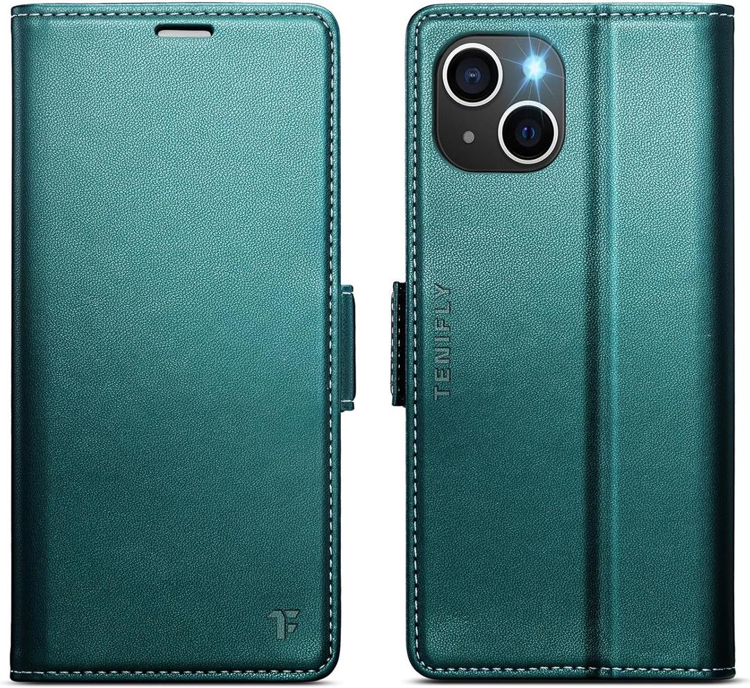 for iPhone 14 Case Wallet with RFID Blocking Card Holder, PU Leather Kickstand Protective Flip Phone Cover Fit for iPhone 14 6.1", Bluish Green