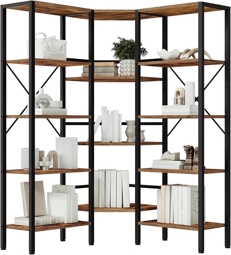 HOOBRO Industrial Corner Bookshelf, 5-Tier L-Shaped Bookcase, Open Display Storage Rack, Floor Standing Storage Shelf, for Living Room, Bedroom, Home Office, Rustic Brown and Black BF68SJ01, 46.8"L x 9.4"W x 54.3"H