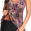 Yonique Women 2 Piece Flowy Tankini Swimsuits with Boyshorts V Neck Swim Tank Tops Bathing Suits Modest Swimwear (X-Large, Mandala)