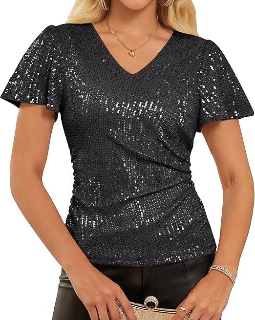 Women Sparkly Sequin Top Short Sleeve Ruffle V Neck Blouse Glitter Disco Evening Cocktail Concert Summer Shirt, Black Large