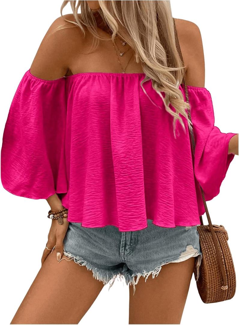 SweatyRocks Women's Sexy Cute Off Shoulder Ruffle Hem Flowy Chiffon Blouses Top (Hot Pink)