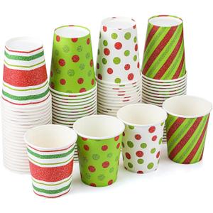 Funtery 100 Pieces Christmas Paper Cups Xmas Disposable Coffee Cups Red and Green Polka Dot Striped Christmas Cup Christmas Cups 9 oz Drinking Tea Paper Cups Christmas Cups for Daily Use Holiday Party