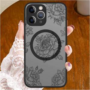 OOZ Case for iPhone 14 Pro Max 6.7 inch [Compatible with MagSafe] Black Flower Floral Pattern Case for Women Girls Men Black Frosted PC Back Anti-Fall Shockproof Protective Slim Cover-Black Flower