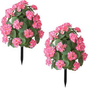 2Pcs 20" Artificial Boxwood Topiary Ball with Flowers Plants with Ground Spikes for Outdoor UV Resistant Realistic Fake Bushes Plants for Garden Yard Front Porch Patio Decor (Begonia Peach red)