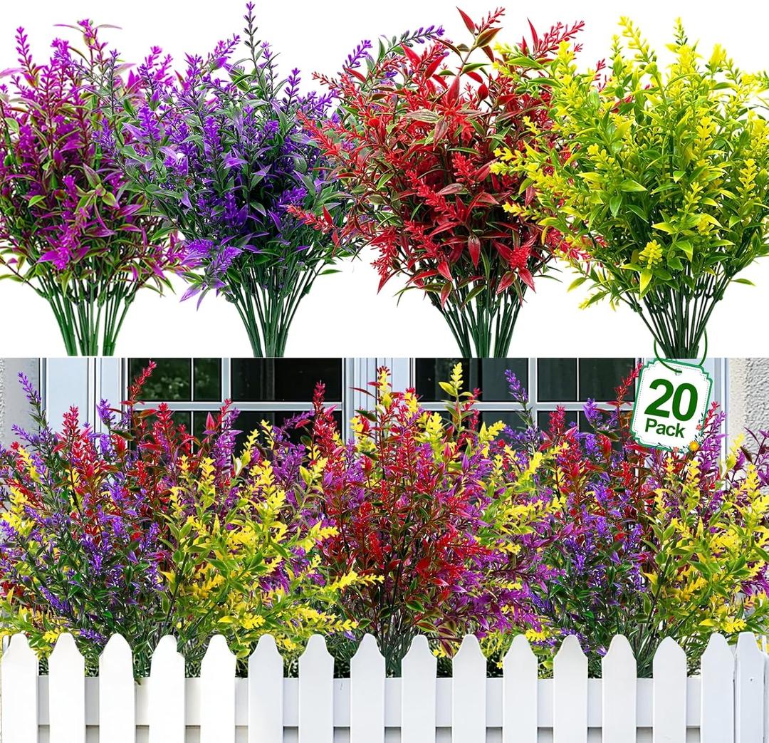 TURNMEON 20 Bundles Artificial Flowers for Outdoors Summer Decor, UV Resistant No Fade Fake Lavender Flowers Plastic Faux Plants for Window Box Garden Planter Porch Indoor Cemetery Decor(Mix Colors)