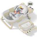Collapsible Baby Bathtub for Newborn, Foldable Baby Bath Tub with Thermometer & Soft Floating Cushion & Drain Hole, Portable Travel Infant Bath Tubs for Newborns to Toddlers 0-36 Months Boys, Beige